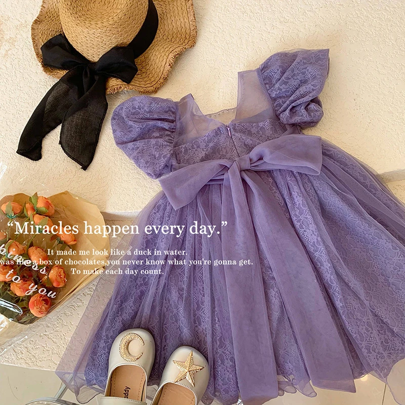 Top Trends: New Girls Party Dress Summer Elegant Princess Dress Purple Mesh Dress 1-9 Years Kids Bow Birthday Party Clothes Shoppable Styles