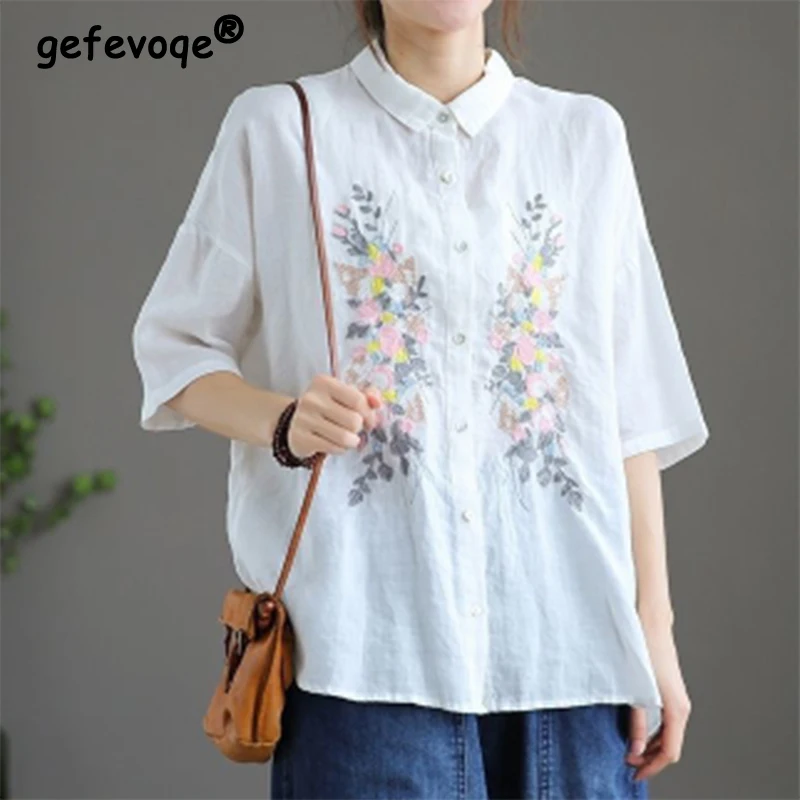 Top Trends: Summer Ethnic Vintage Style Embroidery Cotton Linen Loose Casual Shirt Women Short Sleeve Oversized Comfortable Blouse Clothing Shoppable Styles