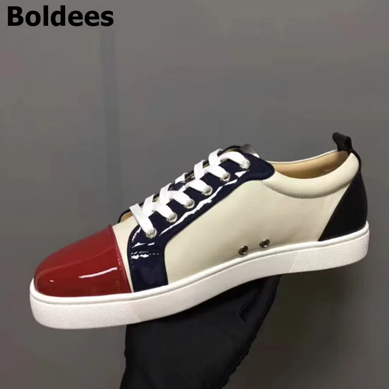 Top Trends: Red Patent Leather Toe Men Lace Up Flats Casual Shoes Low Top Sneakers Bottom Zapatillas Hombre Plus Size 38-47 Shoppable Styles