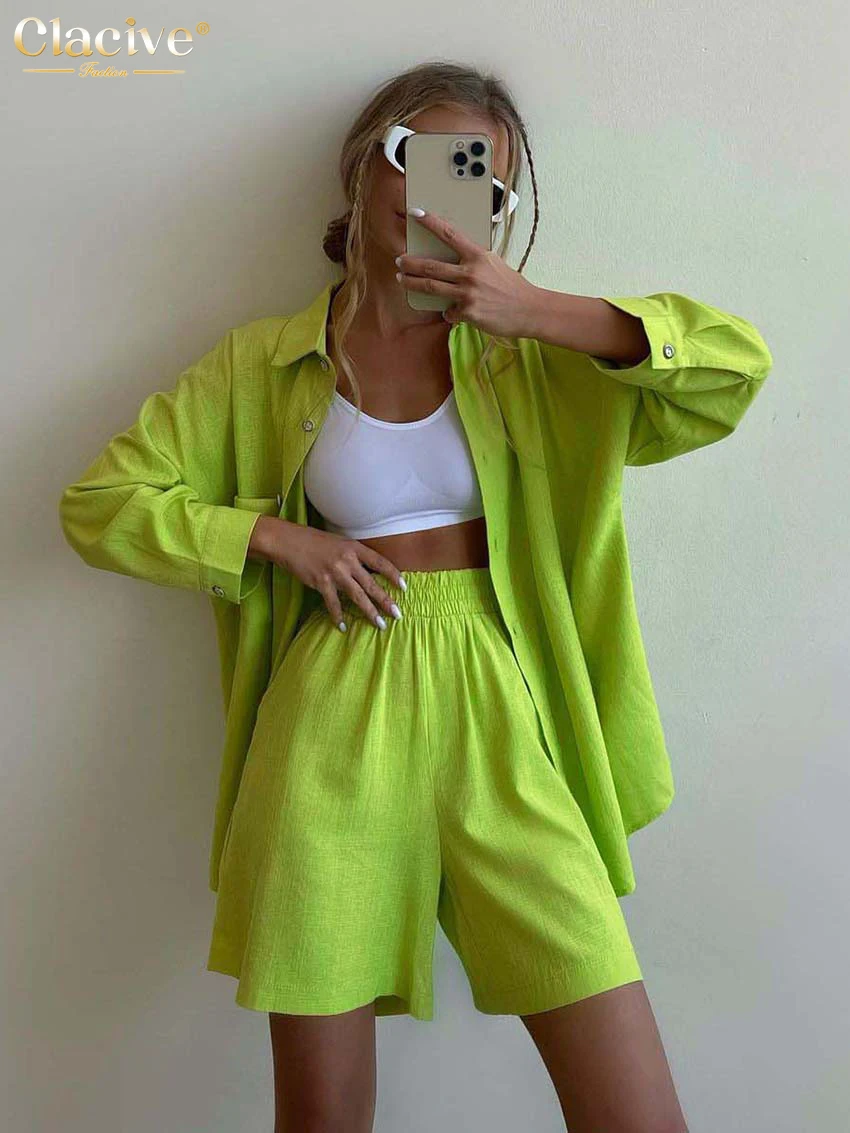 Top Trends: Clacive Fashion Green Office Women'S Suit Casual Loose High Waist Shorts Set Female Elegant Long Sleeve Blouse Two Piece Set Shoppable Styles