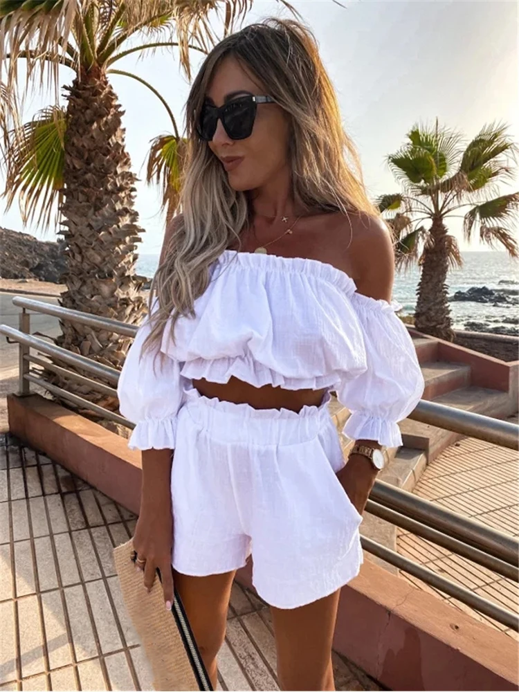 Top Trends: Women Casual Short Sleeve Outfit 2023 Summer Fashion One-Word Collar Lantern Sleeve Pocket Suit Female Top Shorts Two Pieces Set Shoppable Styles