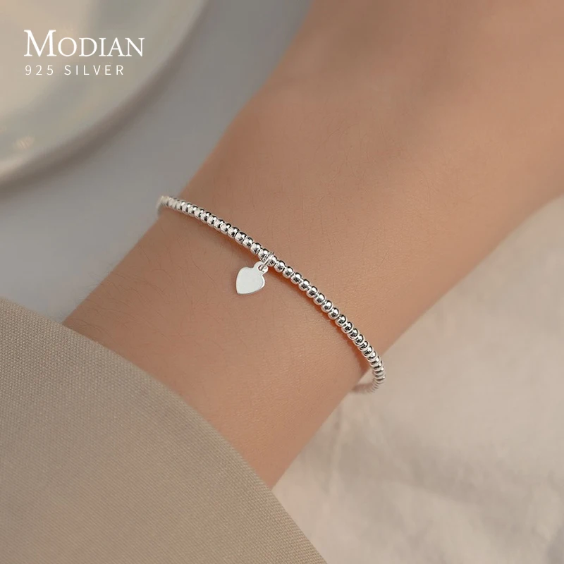 Top Trends: Modian Real 925 Sterling Silver Simple Heart Beads Bracelet For Women Platinum Plated Adjustable Bracelets Party Gift 16+ 3CM Shoppable Styles