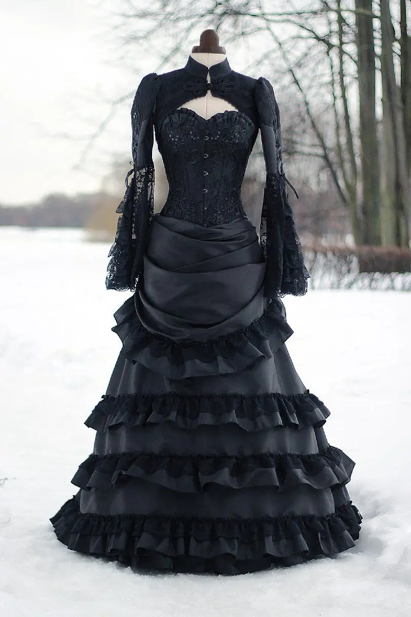 Top Trends: Long Sleeves Black Wedding Dresses Historical Medieval Gothic Bridal Gowns With Wrap Ruffles Vintage Victorian Dress For Women Shoppable Styles