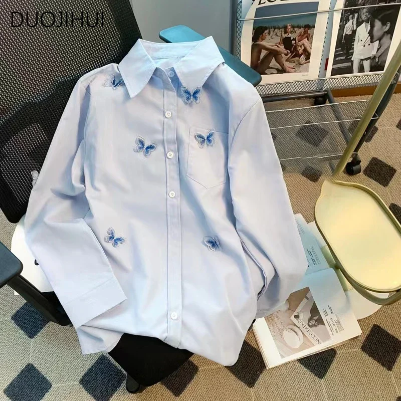 Top Trends: DUOJIHUI Blue Fashion Butterfly Embroidery Sweet Women Shirt Spring Loose Simple Single Breasted Casual Solid Color Female Shirt Shoppable Styles