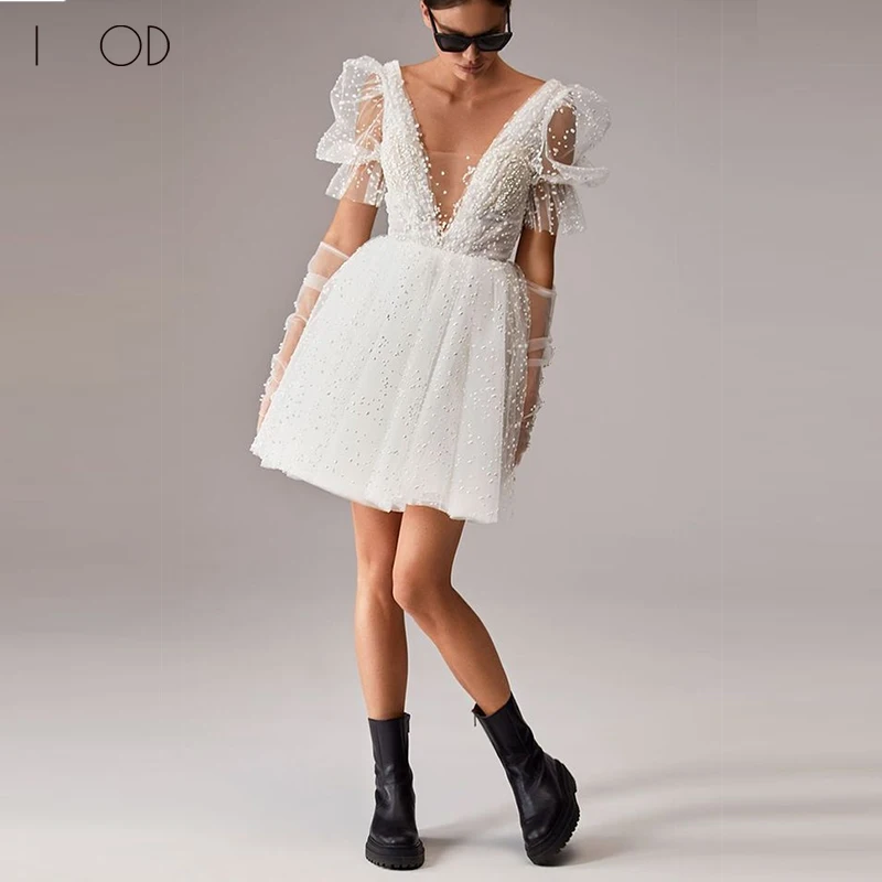 Top Trends: I OD Sexy Mini Short Wedding Dress Fairy Puff Sleeves V-Neck Backless Pleat Tulle Bridal Gown Above Knee Vestidos De Novia New Shoppable Styles