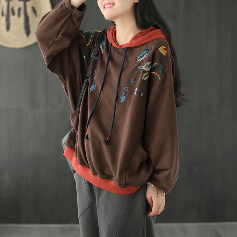 Top Trends: 2023 Spring And Autumn Fashion Retro Art Embroidery Ethnic Style Hooded Loose Relaxed Oversize Pullover Contrast Women's Sweater Shoppable Styles - Image 3