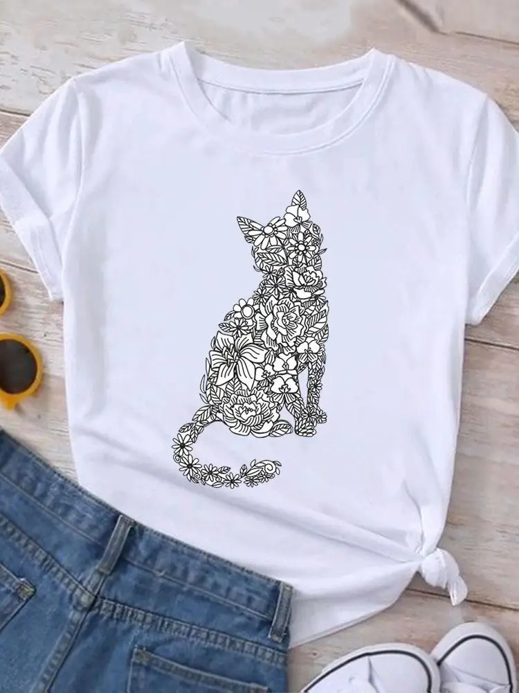 Top Trends: Women's Fashion Crew-Neck Cute Kitten Print Summer Trend Women's Y2K Top Trend Breathable Crisp Short Sleeve T-Shirt Shoppable Styles