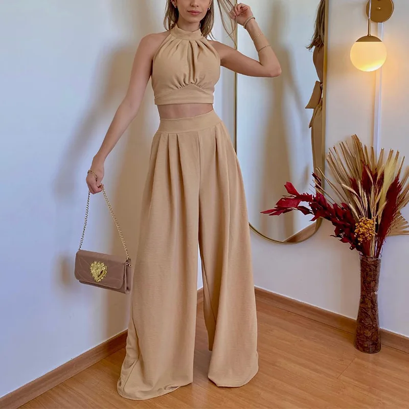 Top Trends: 2 Piece Set Women Outfit Elegant Hanging Neck Slim Wrap Chest High Waist Loose Wide Leg Pants Women's Summer Suit Shoppable Styles