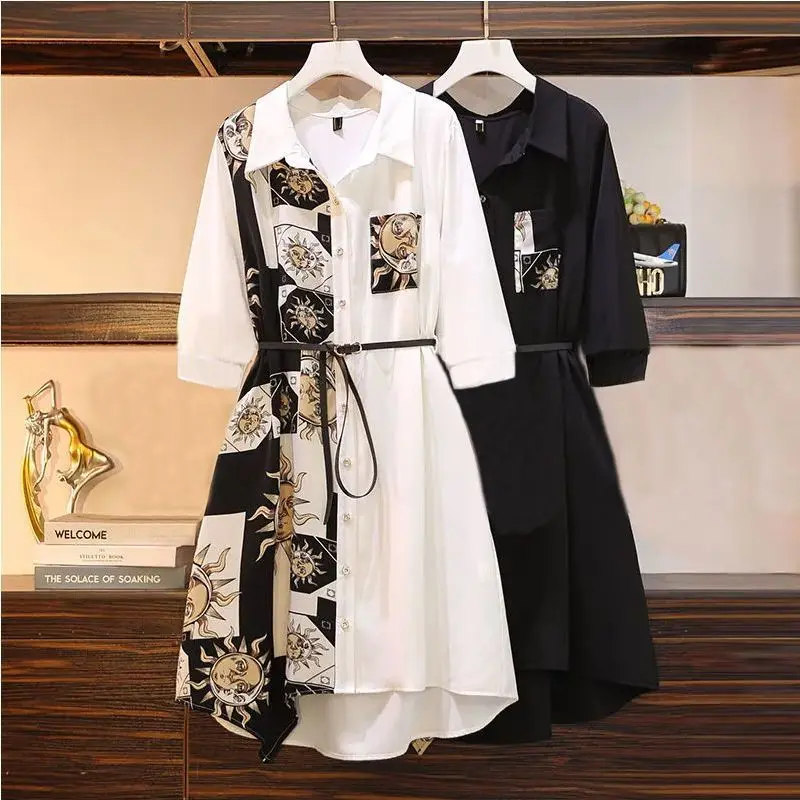 Top Trends: Women's Clothing Office Lady Fashion Casual Loose Printing Button Short Sleeve Turn-down Collar Temperament Asymmetrical Dresses Shoppable Styles - Image 3