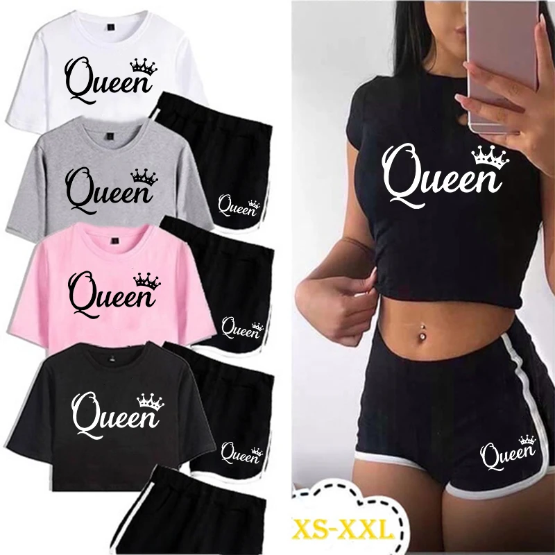 Top Trends: Summer Fashion Women Queen Print Tracksuit Clothes 2 Piece Set Woman Sports Suits Shorts Crop Tops Shorts Pants Outfit Shoppable Styles