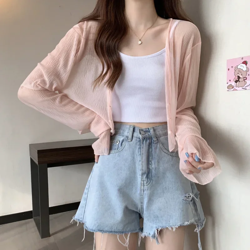 Top Trends: Fairy Style Solid Cardigan Women Summer New Long Sleeve Sunscreen Sweet Beading V-neck Basics Loose Chiffon Cardigan Shoppable Styles