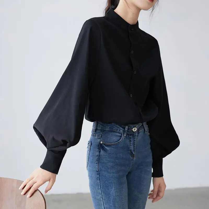 Top Trends: MODX Standing Collar Shirt, Female Niche, Light Cooked French Style Temperament Shirt, Retro Hong Kong Style Lantern Sleeve Top Shoppable Styles