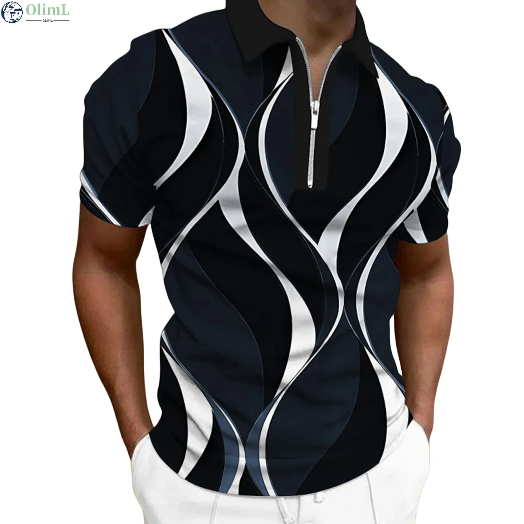 Top Trends: Men'S Zip Polo Lapel Polo Shirt Golf Shirts Graphic Prints Geometry Linear Turndown Short Sleeves Zipper Clothing Tops Designer Shoppable Styles