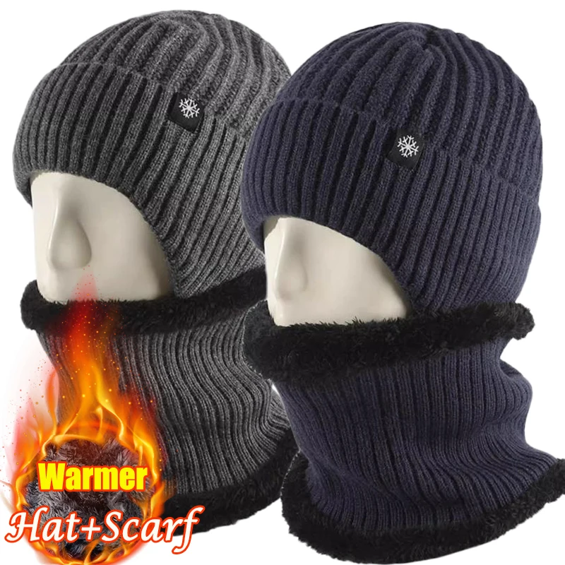 Top Trends: Men Velvet Lining Skullies Beanies Hat Scarf Thick Warm Winter Dad Velvet Earmuffs Cap Female Crochet Bonnet Plush Knitted Caps Shoppable Styles