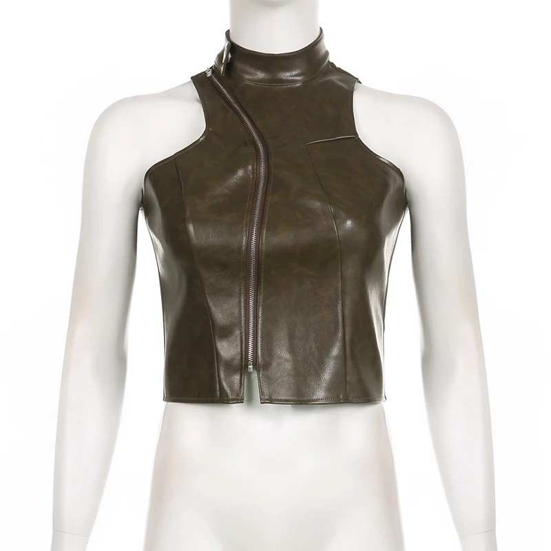 Top Trends: SUCHCUTE Leather Gothic Punk Brown Tank Top Women Sleeveless Zip Up Turtleneck Emo Grunge Vintage Summer Crop Top Slim Vest 2023 Shoppable Styles - Image 6