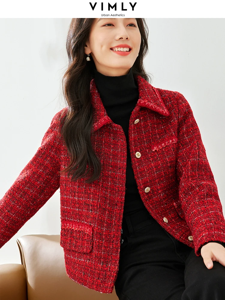 Top Trends: Vimly Winter Red Tweed Jackets For Women Office Lady 2023 Work Business Outerwear Long Sleeve Lapel Straight Short Coat M3309 Shoppable Styles - Image 3