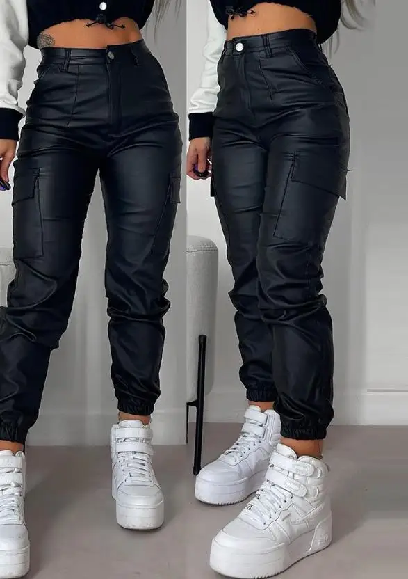 Top Trends: Women's Long Cargo Pant 2023 Personalized Street Trends Pocket Design Cuffed Pu Leather Pants Autumn Winter High Waist Pants Shoppable Styles