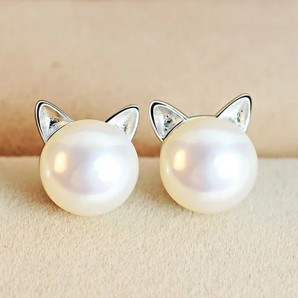 Top Trends: Real 100% 925 Sterling Silver Cat Pearl Stud Earrings For Women Girls Fashion Sterling-silver-jewelry Brincos Brinco Shoppable Styles