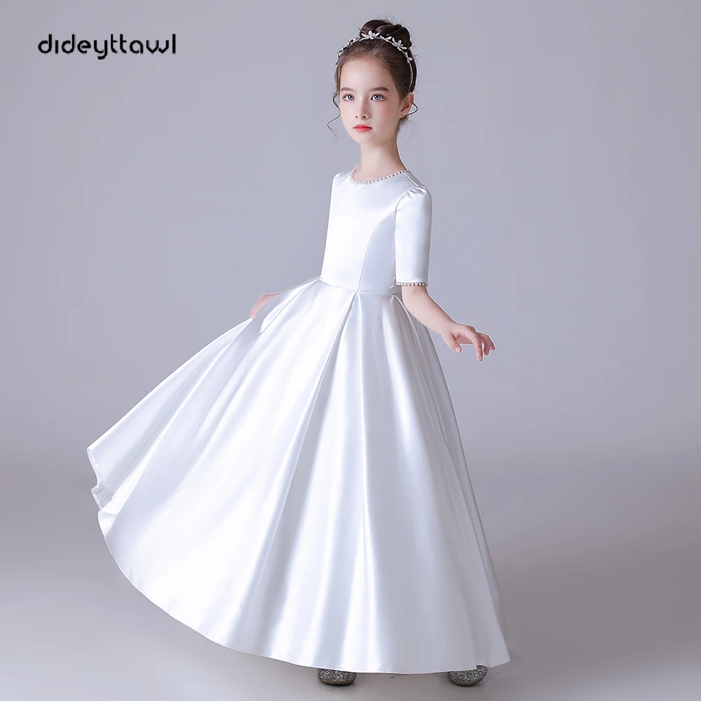 Top Trends: Dideyttawl White Soft Satin Pearls Elegant Girl First Communion Dress Concert Wedding Party Short Sleeves Junior Bridesmaid Gown Shoppable Styles