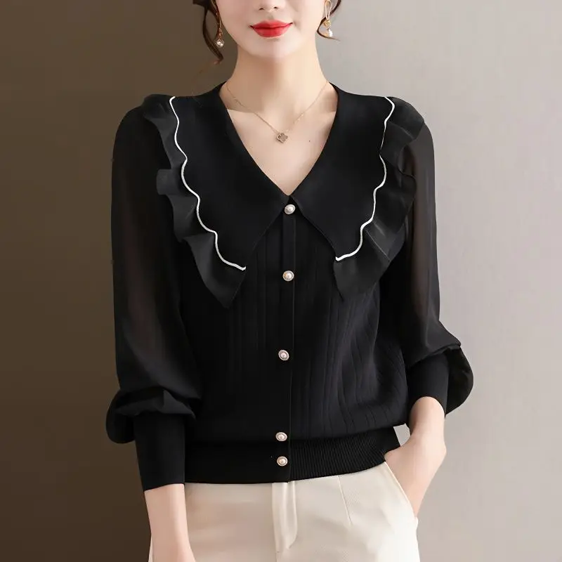 Top Trends: Spring And Autumn Women&#039;s Pullover Long Sleeve Polo Collar Chiffon Solid Button Stripe Pleated Elegant Fashion Casual Knit Tops Shoppable Styles