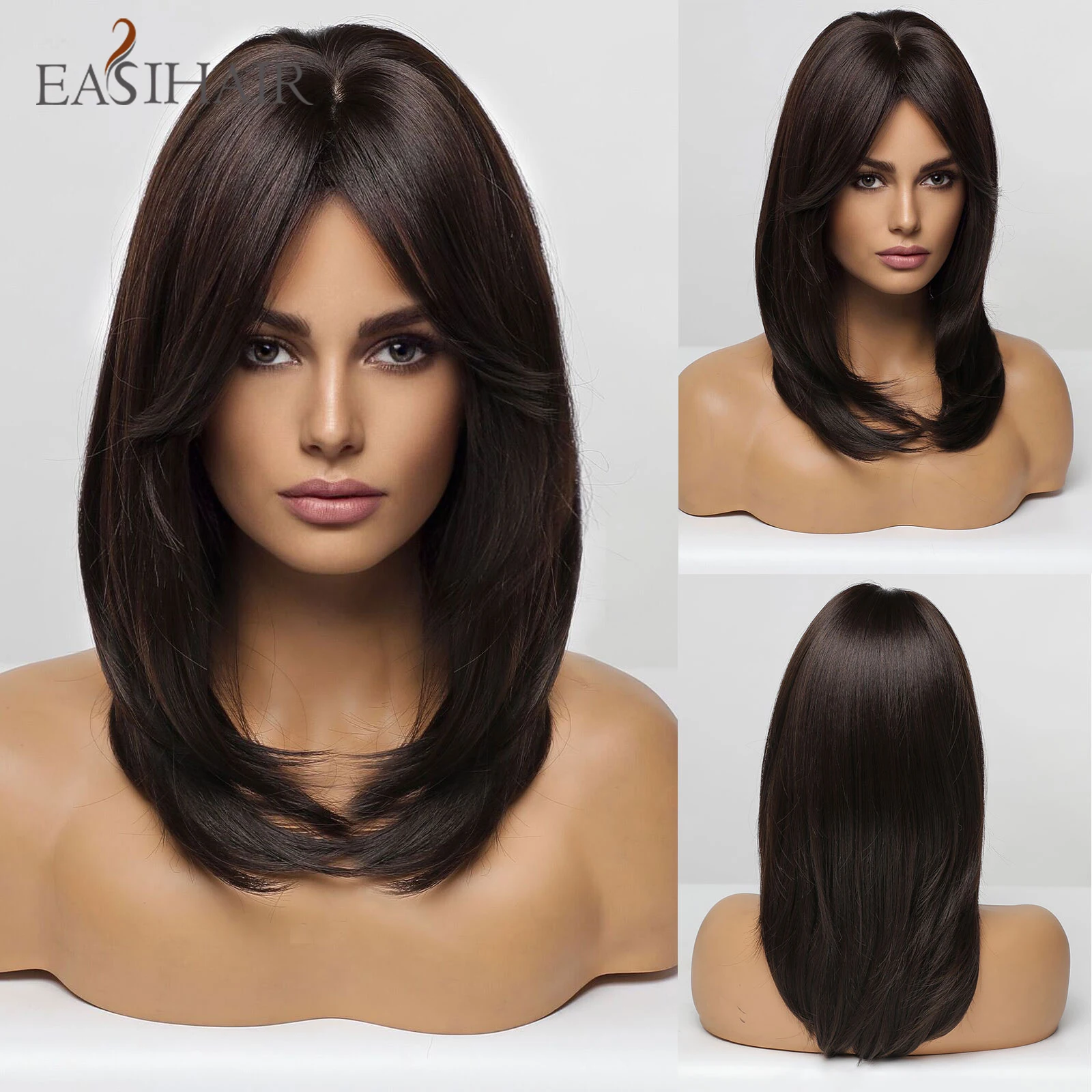 Top Trends: EASIHAIR Dark Brown Wigs With Bangs Layered Synthetic Wigs For Women Medium Length Cosplay Wigs Heat Resistant Daily Wig Shoppable Styles