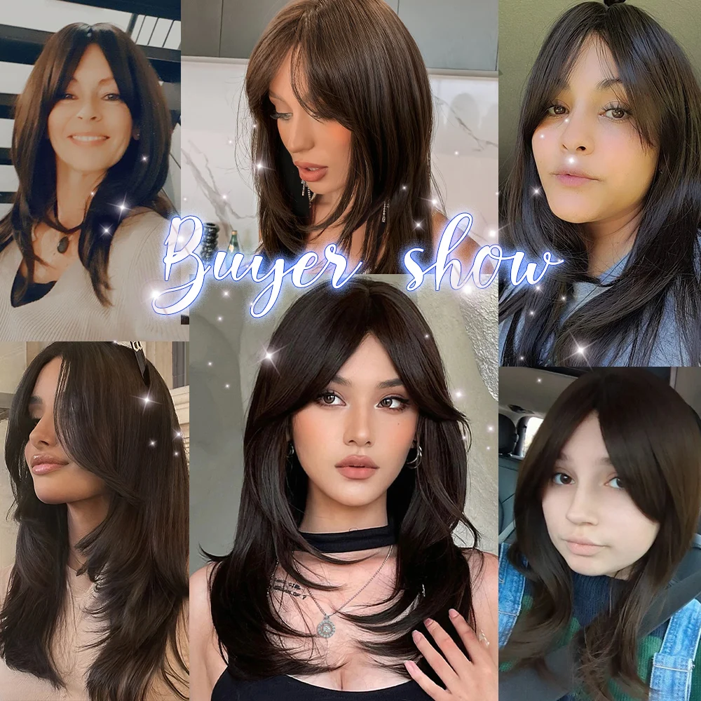 Top Trends: Black Brown Wig With Side Bangs Medium Length Synthetic Wigs Natural Layered Hair For Women Party Cosplay Heat Resistant Fibre Shoppable Styles - Image 2