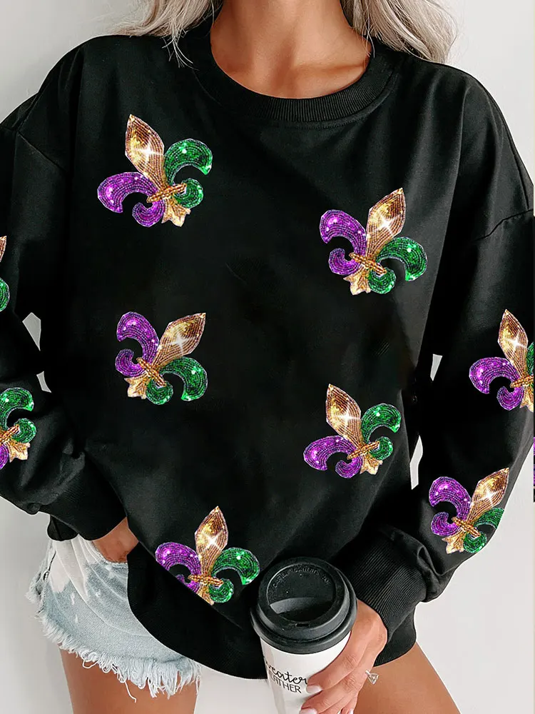 Top Trends: Sequin Round Neck Dropped Shoulder Sweatshirt Mardi Gras Sequin Pullovers For Women Shoppable Styles