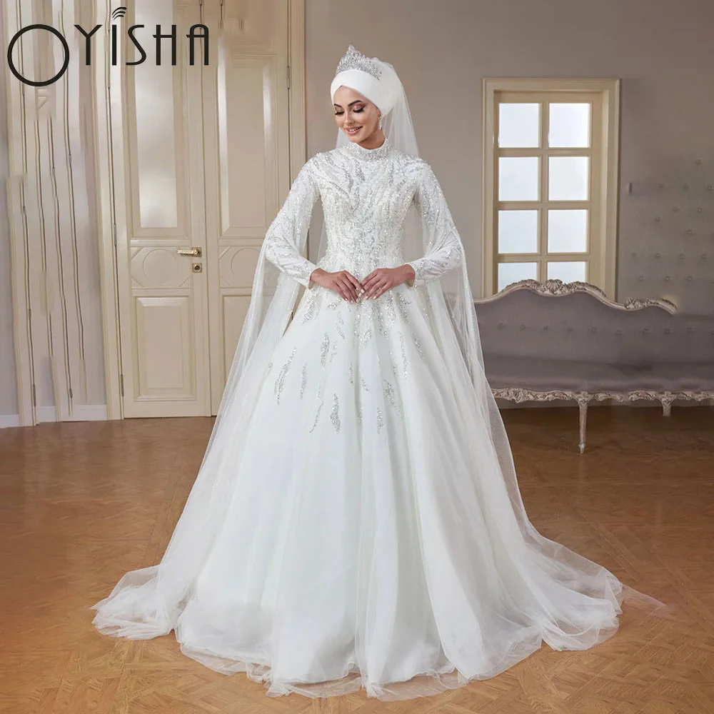 Top Trends: OYISHA Luxury Beaded Long Sleeve Muslim Wedding Dresses High Neck Islamic Hijab Bridal Gown Arabic Dubai Kaftan Vestidos De Novi Shoppable Styles