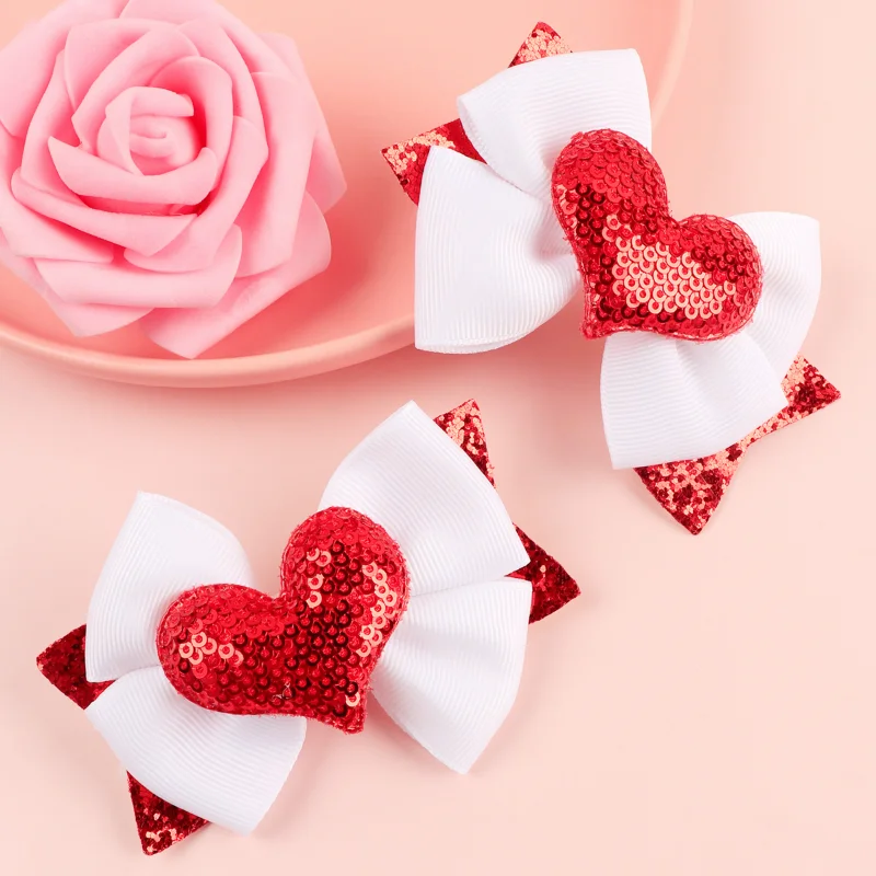 Top Trends: 2Pcs / Set Heart Love Printed Glitter Bows Hair Clips Leather Hair Bows Hairpins For Women Girls Valentines Day Hair Accessories Shoppable Styles