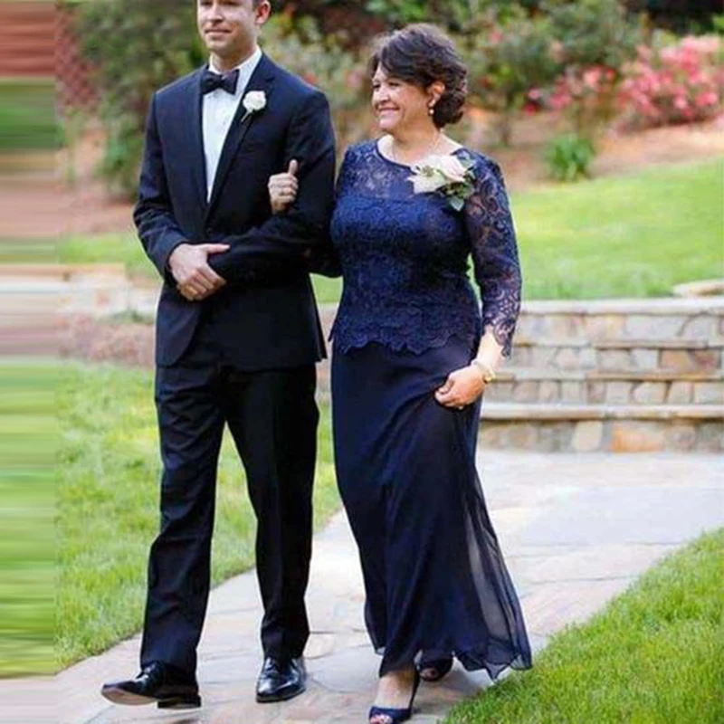 Top Trends: Navy Blue Mother Of The Bride Dresses Plus Size A-line Long Sleeve Chiffon Lace Long Groom Mother Dresses Guest Wear For Wedding Shoppable Styles