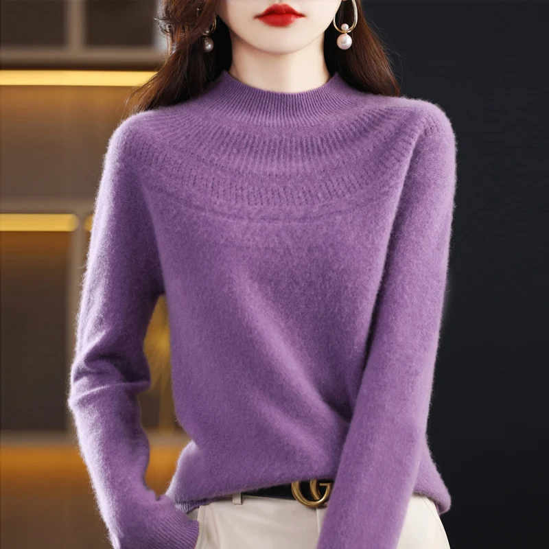 Top Trends: 100% Wool Cashmere Sweater Elegant Loose Set Head Women&#039;s Half High Neck Hollow Sweater Autumn And Winter New Warm Knitted Shoppable Styles