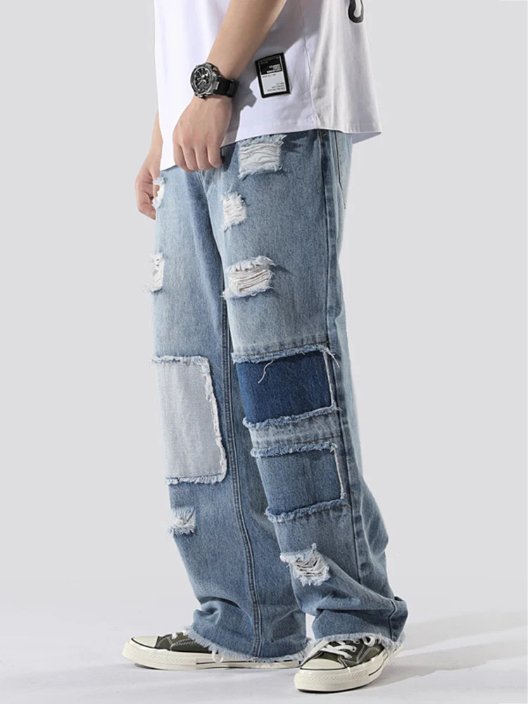 Top Trends: Four Seasons Men's Jeans Streetwear Patchwork Embroidered Fringe Hip Hop Loose Denim Trousers Oversized Color Block Patchwork Shoppable Styles