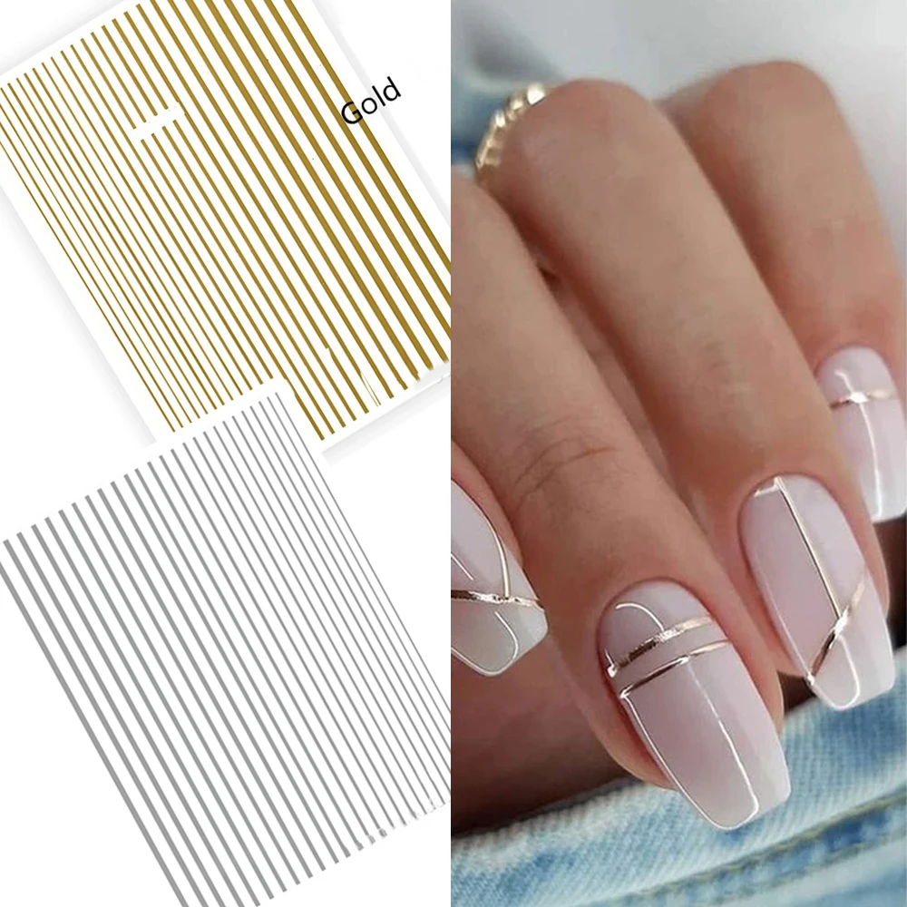 Top Trends: 1Pc Silver Gold Lines Stripe Nail Sticker Decals Metal Strip Luxury Nails Slider 3D Self Adhesive Design Nail Art Stickers Paper Shoppable Styles