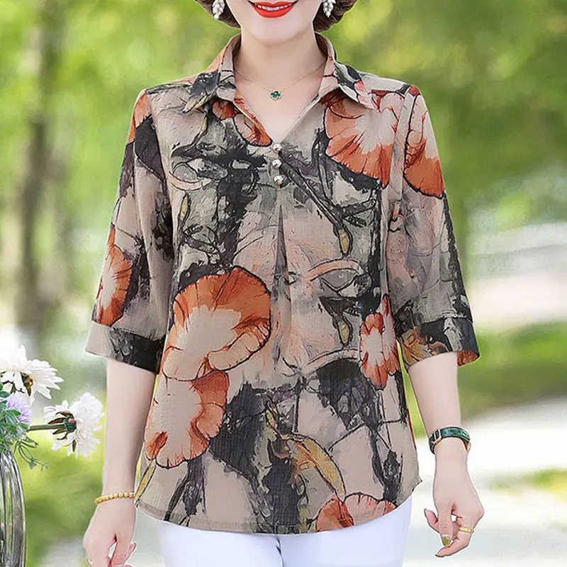 Top Trends: Summer Vintage Floral Printed Shirt Women's Clothing Casual Turn-down Collar Button Commute Half Sleeve Stylish Loose Blouse New Shoppable Styles - Image 3