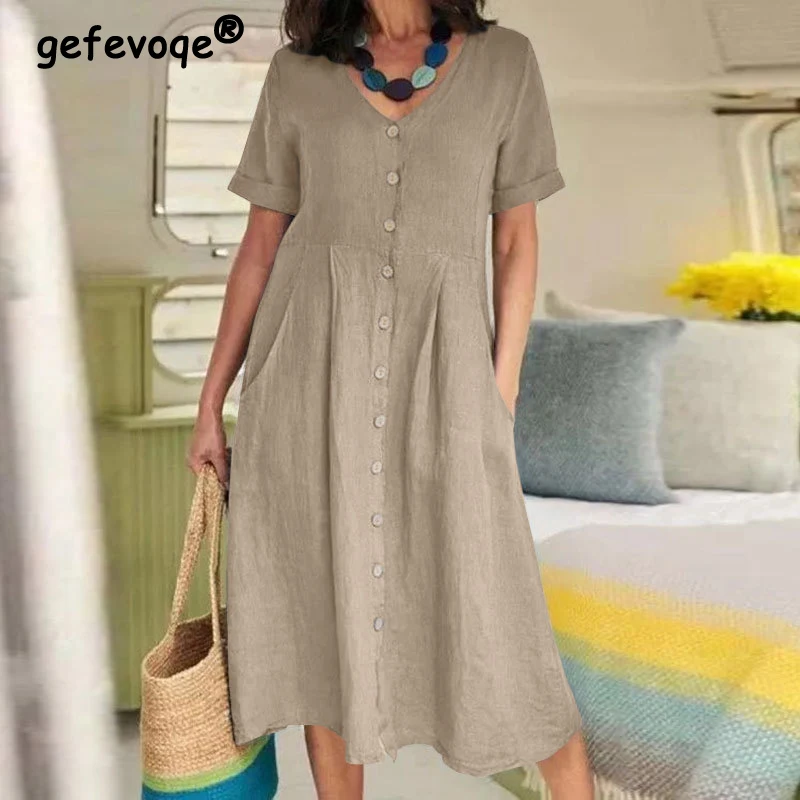 Top Trends: Summer Fashion Oversized Literary Vintage Cotton Linen Dress Female Single Breasted Loose Casual Robe Women&#039;s V-neck Vestidos Shoppable Styles