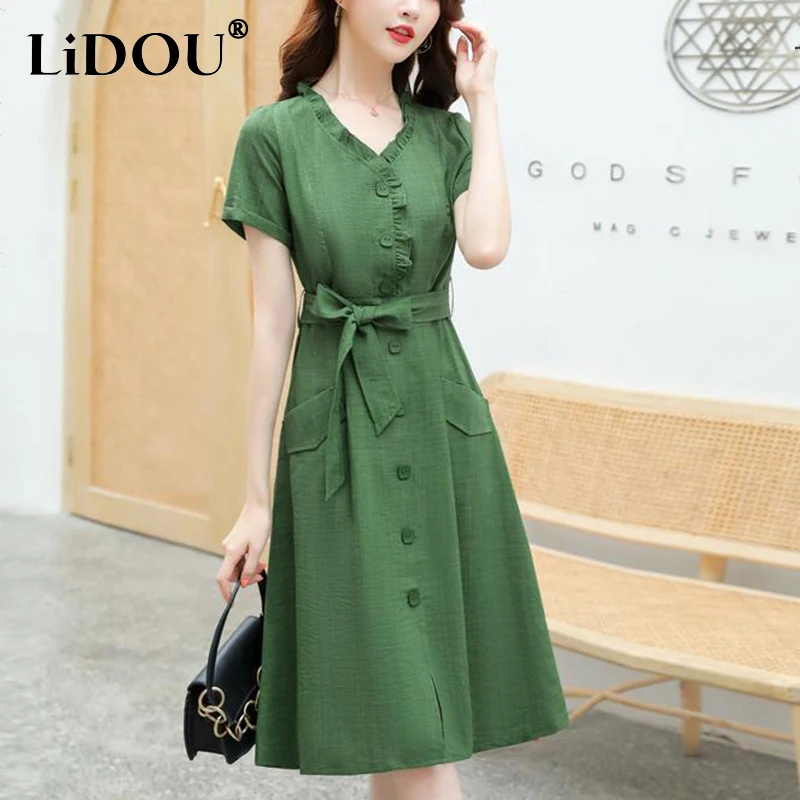 Top Trends: Summer New Ruffles V-neck Single Breasted Lace Up Dress Female Elegant Fashion Solid Color Robe Women's Korean Style Vestidos Shoppable Styles