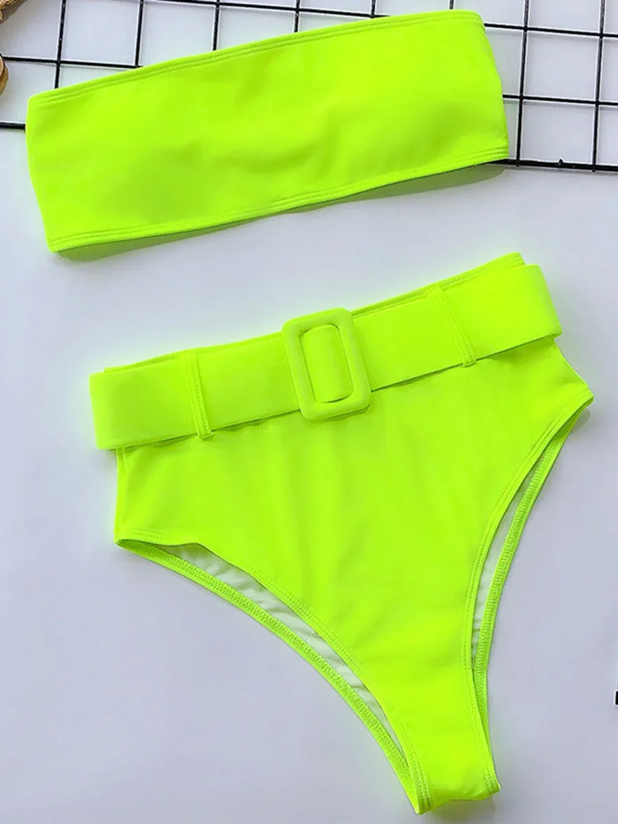 Top Trends: Neon Green Bandeau Swimsuit High Waist Bikini 2024 Women Swimwear Female Two Pieces Bikini Set Buckle Waistband Bathing Suit Shoppable Styles