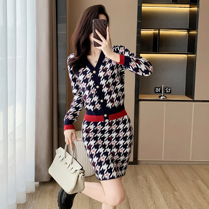 Top Trends: #0942 Spring Autumn Plaid Sweater Coat V-neck Single Breasted Knitted Skirt Two Piece Set Sexy Office Vintage Top And Skirts Shoppable Styles