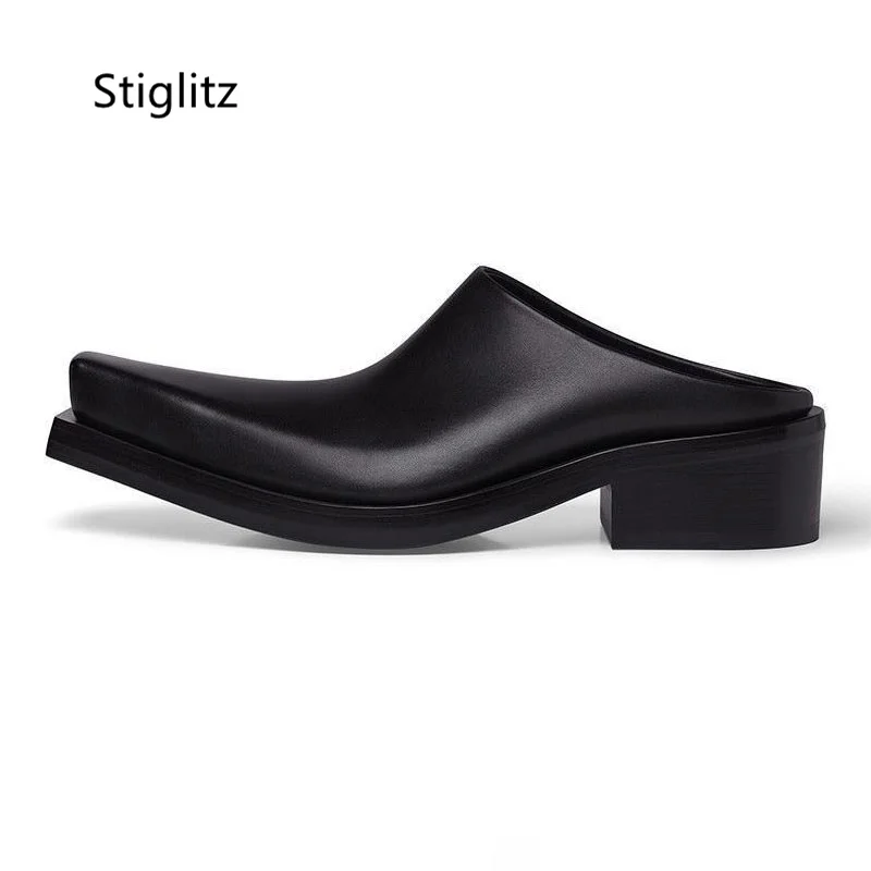 Top Trends: Black Genuine Leather Half Slippers Square Toe Low Heel Geometric Shape Design Shoes Casual Outside Summer Shoes For Men Shoppable Styles