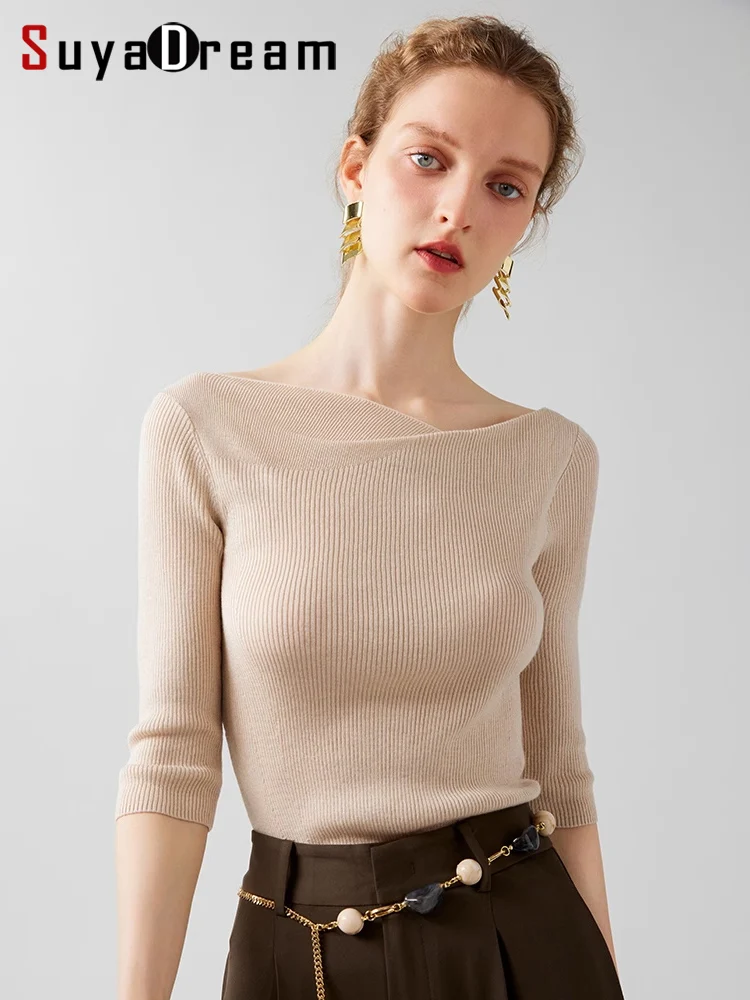 Top Trends: SuyaDream Women Slash Neck Pullovers Silk Wool Blend Slim Knitted Top 2023 Fall Winter Wool Comfortable Sweaters Beige Charcoal Shoppable Styles