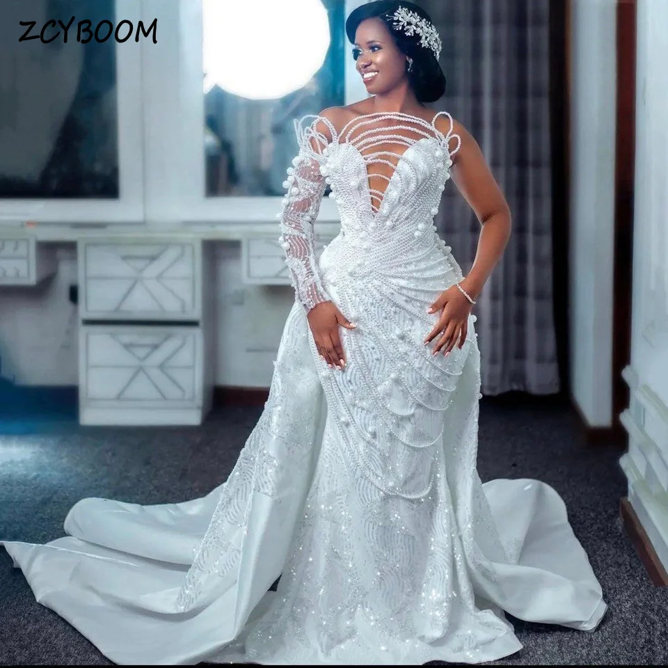 Top Trends: Luxury V-Neck Pearls Sequin One-Shoulder White Wedding Dress 2024 Mermaid Beaded Floor Length Detachable Sweep Train Bridal Gown Shoppable Styles