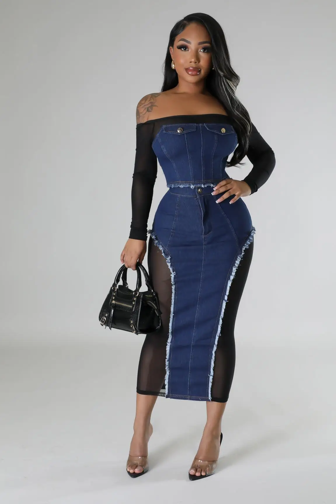 Top Trends: Denim Two Piece Sets Women Outfit Sexy Mesh Sheer Skirt Sets Patchwork Long Sleeves Slash Neck Night Club Outfits Sets To Dress Shoppable Styles