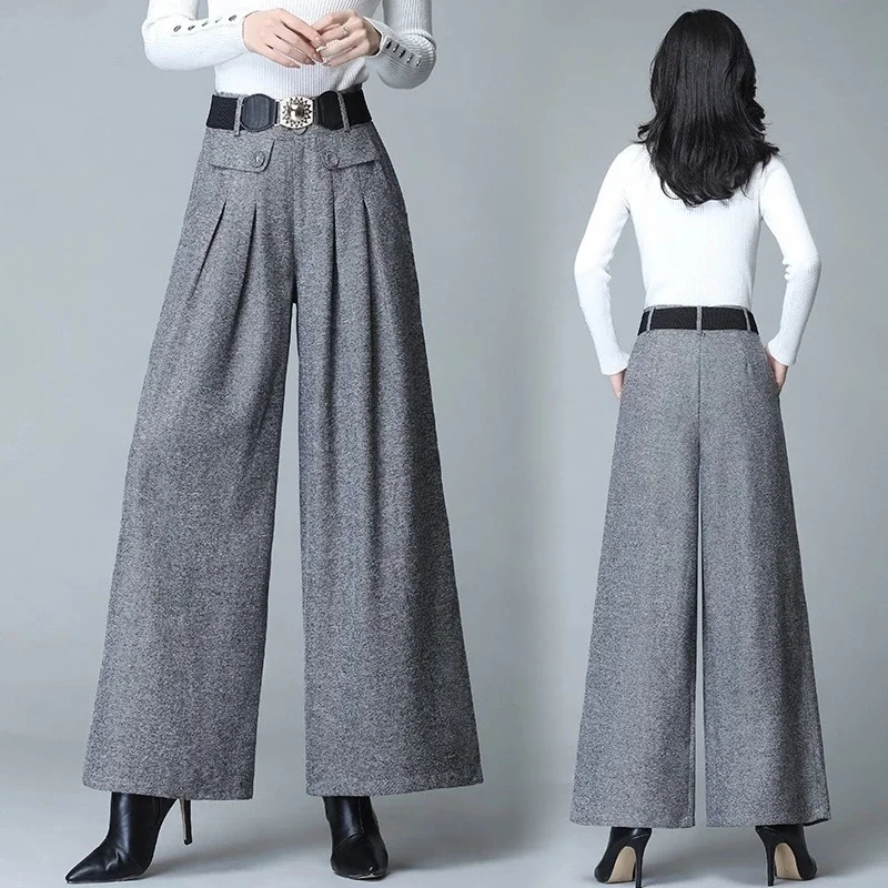 Top Trends: 2023 Fashion Spring Autumn Woolen Wide Leg Pants Trousers Women Pleated Casual Pants Skirt Pants Straight Pants Fat Leg Pants Shoppable Styles