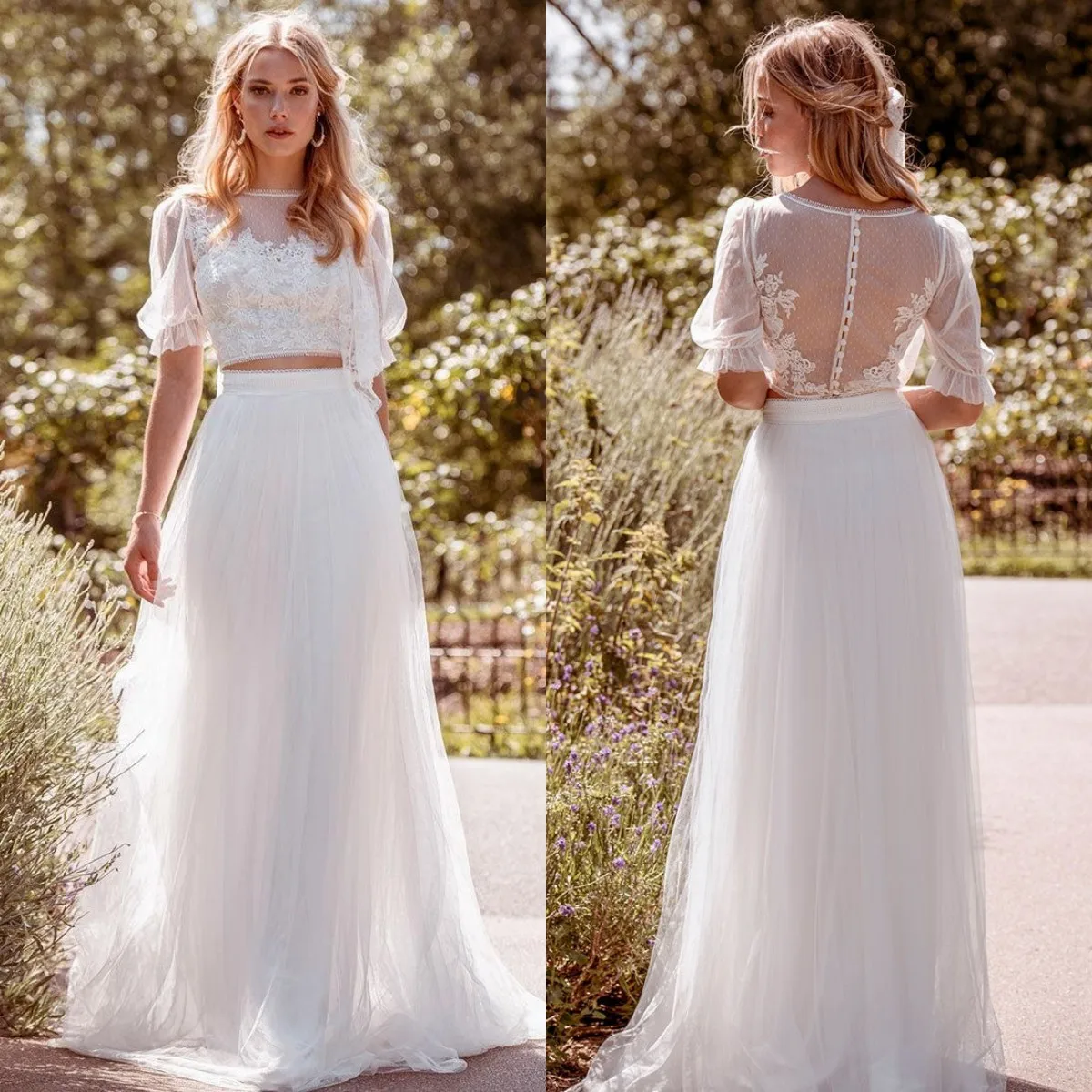 Top Trends: Boho A-Line Two Pieces Wedding Dress Short Puff Illusion Tulle Sleeves Lace Applique O-Neck Button Back Elegant Vestido De Novia Shoppable Styles