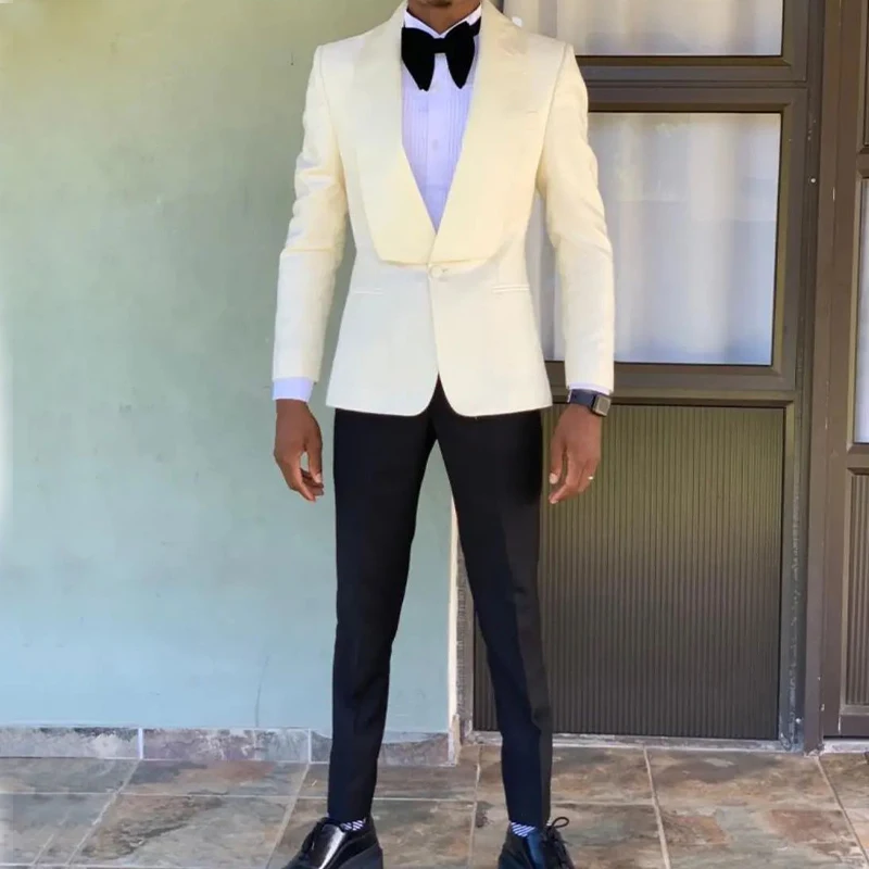 Top Trends: Cream Men Suits 2 Pieces One Button Blazer Sets Wedding Groom Tuxedos Suit Terno Masculinos Completo Jacket+ Pants Shoppable Styles