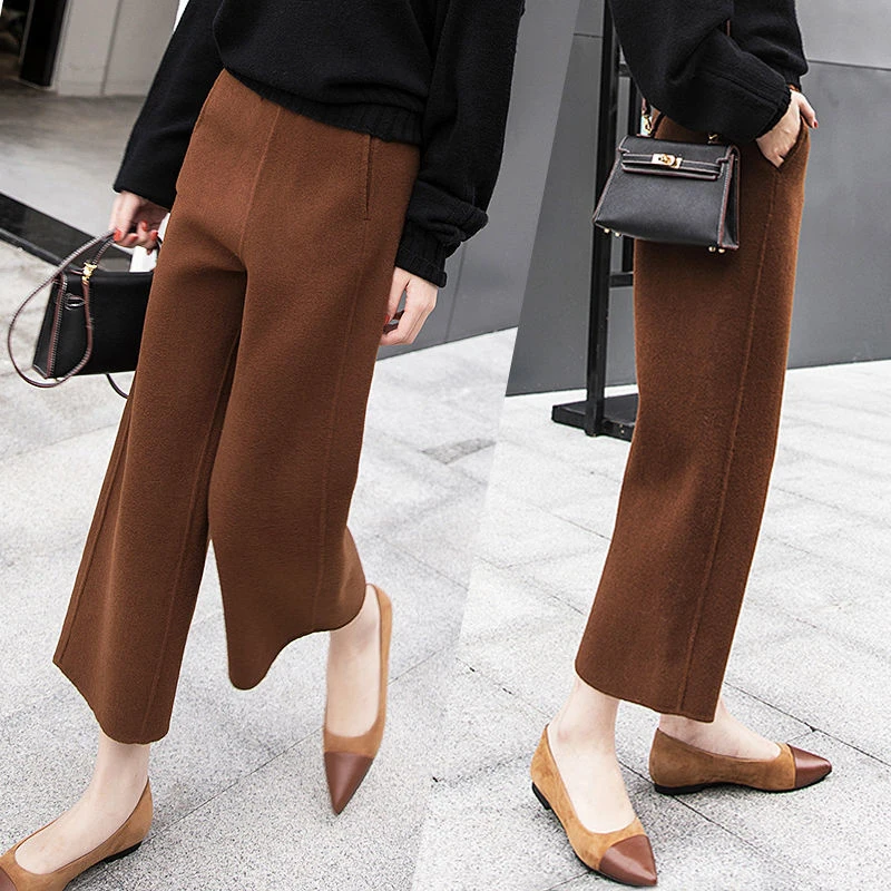 Top Trends: Casual Woolen Blend Wide Leg Pant Women Autumn Winter High Waist Ankle-Length Pants Office Lady Korean Baggy Pantalones Straight Shoppable Styles