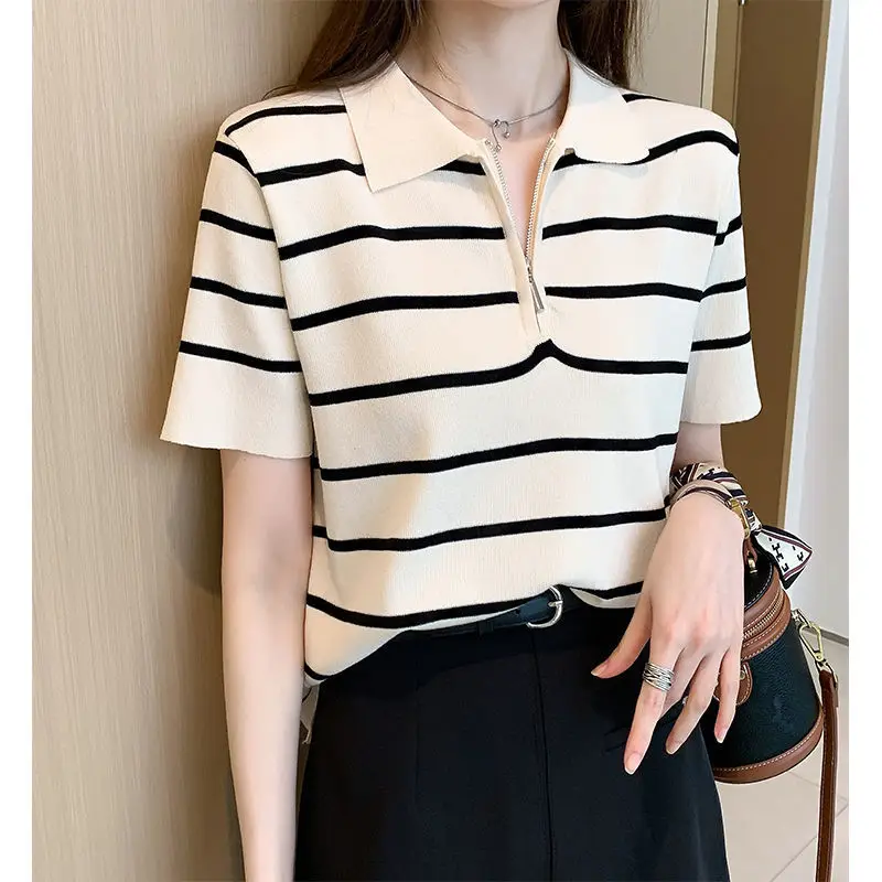 Top Trends: Summer Stripe Korean Fashion Casual Ice Silk Short Sleeved Polo Shirt Simple Temperament Women Lapel Zipper Loose Slim Thin Top Shoppable Styles