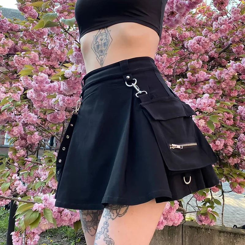 Top Trends: High Waist Black Skirts Harajuku Punk Gothic Women Sexy Patchwork Bandage Mini Female Streetwear Black Skirt Shoppable Styles