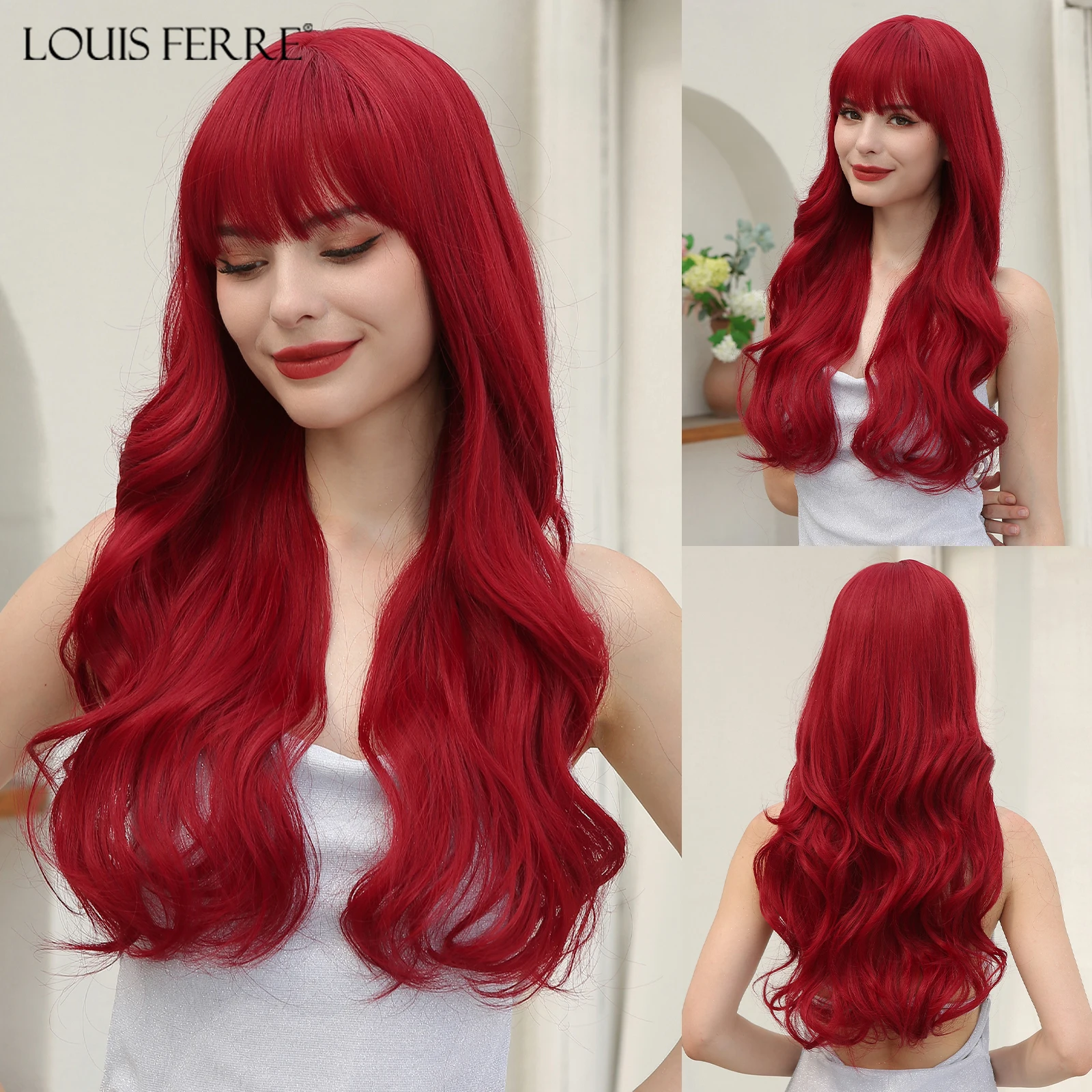 Top Trends: LOUIS FERRE Red Synthetic Wig Long Wavy Natural Hairline Wig With Bangs For Women Daily Party Hair Heat Resistant Fiber Wig Shoppable Styles