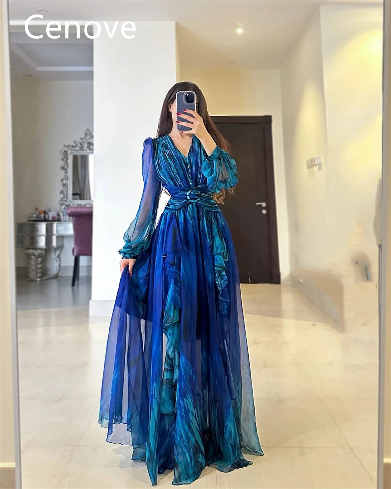 Top Trends: Cenove Blue A-Line V-Neckline Prom Dress Lace Long Sleeves Evening Summer Elegant Party Dress For Women Shoppable Styles